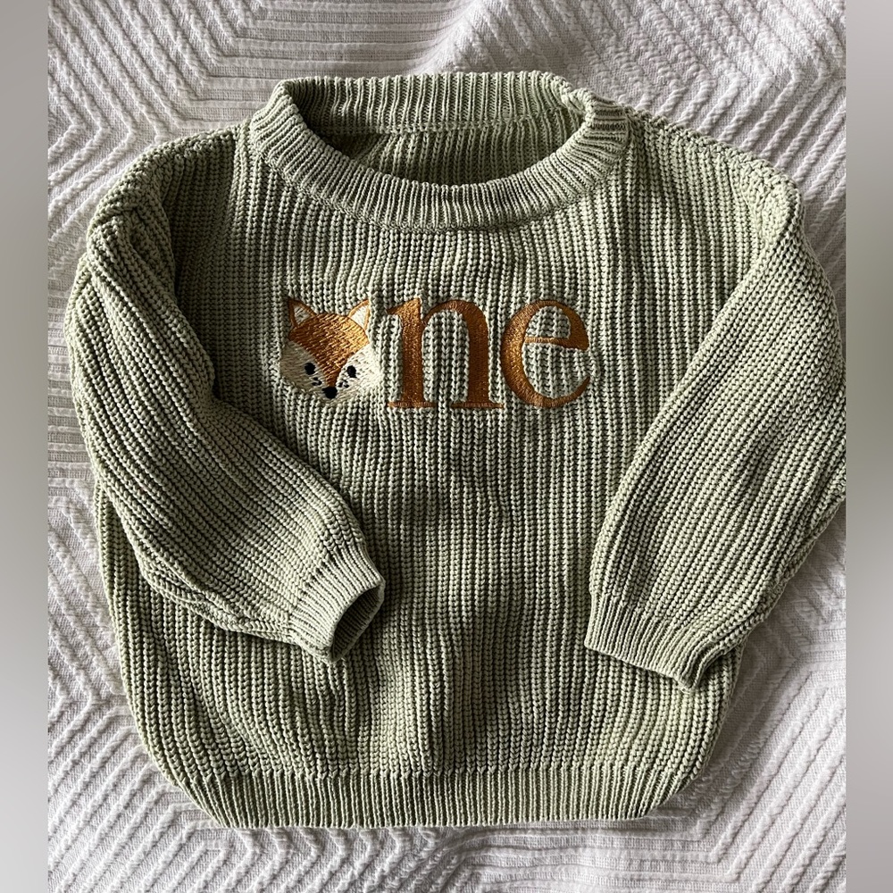 Green Knit Sweater with Fox embroidery